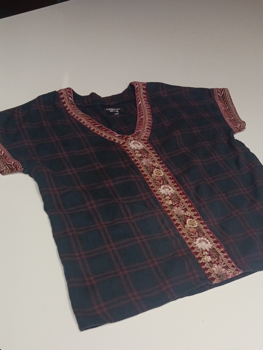 Johnny Was Girls' Navy Plaid Top with Burgundy Embroidered Trim M -L - Picture 3 of 6